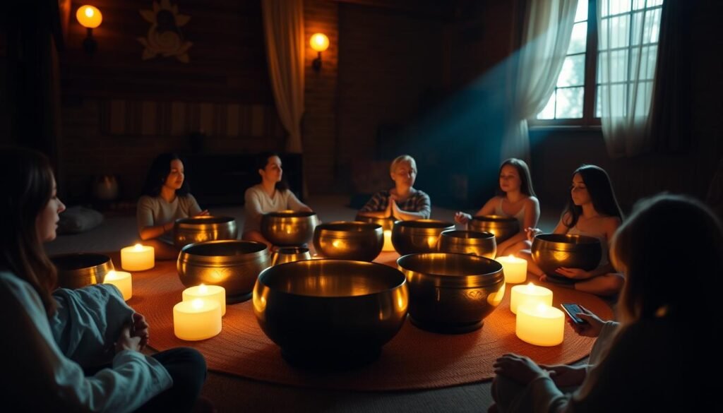 A serene gathering of Tibetan singing bowls nestled in a cozy, dimly lit meditation space. The bowls glow softly, casting a warm, ethereal light that fills the room. The scene captures the tranquil, communal atmosphere of a group sound healing session, where participants sit in a circle, their eyes closed, immersed in the soothing vibrations of the bowls. The camera angle is slightly elevated, offering a panoramic view of the scene, showcasing the thoughtful arrangement of the bowls and the peaceful, meditative energy that permeates the space.