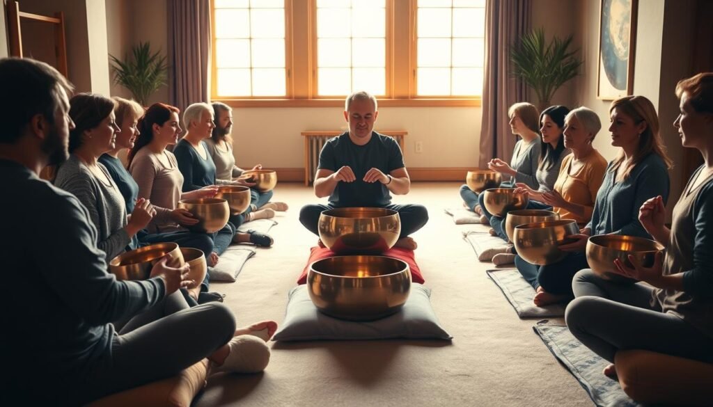 A serene group of people gathered in a cozy studio, sitting cross-legged on plush cushions, each holding a gleaming singing bowl. Soft lighting filters through large windows, casting a warm, meditative glow. In the center, a guide demonstrates the proper striking and swirling technique, creating a harmonious, otherworldly resonance that fills the space. The participants' expressions are peaceful, eyes closed, as they immerse themselves in the calming vibrations. The scene evokes a sense of unity, mindfulness, and deep relaxation.