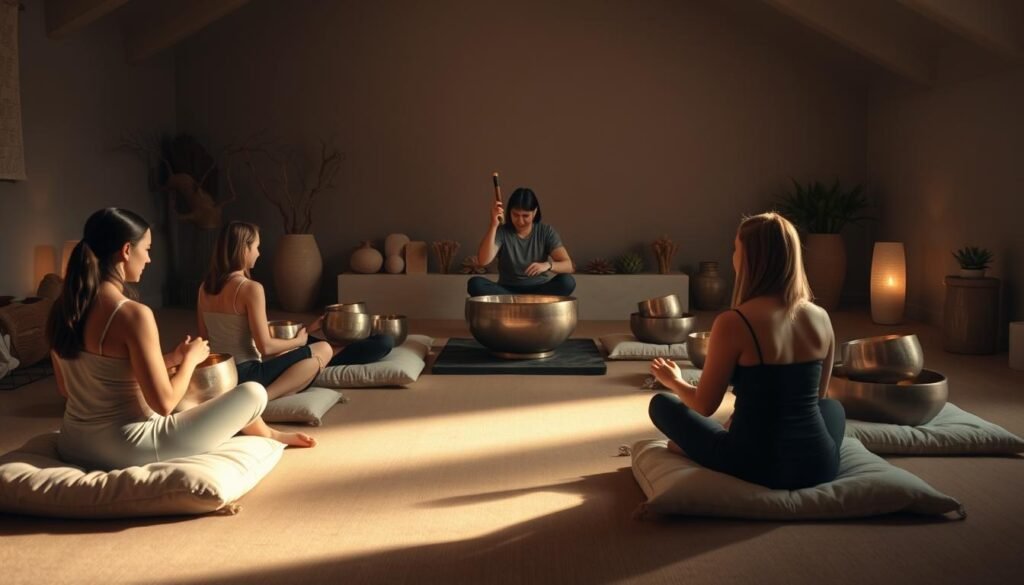 A serene group sound bath session in a dimly lit, cozy studio. In the foreground, individuals sit cross-legged on plush cushions, each holding a singing bowl. Soft, warm lighting bathes the scene, casting gentle shadows. In the middle ground, a practitioner gently strikes a set of crystal bowls, creating a mesmerizing soundscape that envelops the participants. The background features minimalist decor with natural elements like driftwood and succulents, exuding a sense of tranquility. The overall atmosphere is one of deep relaxation, as the participants drift into a meditative state, immersed in the healing vibrations of the singing bowls.