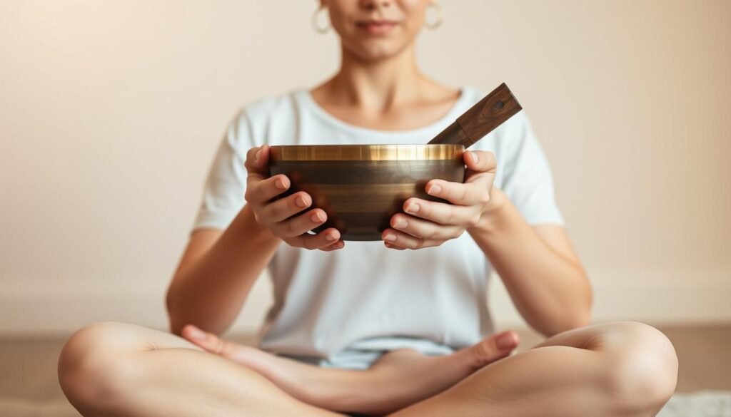 A serene individual sits cross-legged, palms gently resting on their lap, a singing bowl held delicately between their hands. Soft, diffuse lighting creates a tranquil atmosphere, casting a warm glow on the scene. The background is blurred, allowing the focal point to be the person's face, their eyes closed in deep concentration as they prepare to strike the singing bowl, initiating the soothing, resonant tones that will help alleviate their anxiety. The image conveys a sense of inner peace and mindfulness, perfectly capturing the essence of the "Incorporating Visualization Techniques" section of the article.