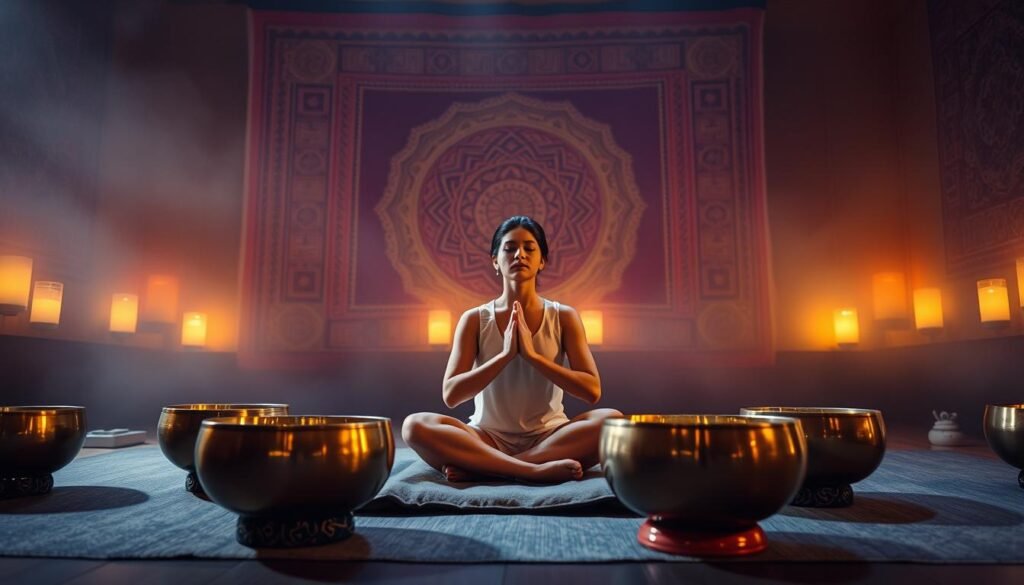 A serene meditation chamber, dimly lit with warm, ambient lighting. In the foreground, a person sits cross-legged on a plush cushion, their hands gently resting on their knees, eyes closed in deep concentration. Surrounding them are several ornate singing bowls, their brass surfaces catching the soft light and emitting a soothing, harmonious vibration. In the middle ground, the walls are adorned with intricate mandalas and tapestries, creating a sense of sacred space. The atmosphere is filled with the gentle hum of the singing bowls, as the meditator synchronizes their breath with the rhythmic pulses. The background is shrouded in a hazy, ethereal mist, suggesting a transcendental, timeless quality to the scene. The overall mood is one of profound stillness, inner focus, and a deep connection to the body's natural rhythms and energy centers.