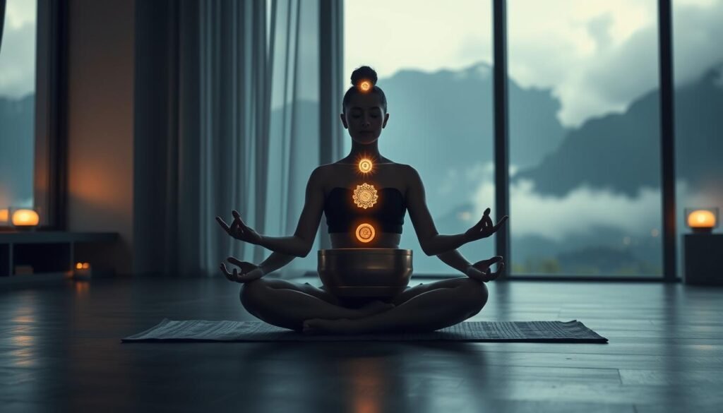 A serene meditation scene featuring a person sitting in a lotus position, their chakras gently glowing and aligning as they are bathed in the soothing vibrations of Tibetan singing bowls. The foreground shows the meditator's hands resting on their lap, palms upturned, as the bowls hover in the air around them. The middle ground reveals a dimly lit, calming interior space with soft, diffused lighting, while the background depicts a mountainous landscape shrouded in mist, evoking a sense of tranquility and connection to the natural world. The overall atmosphere is one of deep focus, healing, and spiritual harmony.