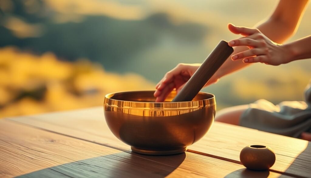 A serene meditation session with a gleaming, bronze singing bowl placed upon a wooden table. Soft, ambient lighting casts a warm, golden glow, creating an atmosphere of tranquility and introspection. In the background, a blurred, natural landscape unfolds, hinting at the connection between the bowl's resonant tones and the rhythms of the earth. The bowl's surface reflects the meditator's hands as they gently strike it, coaxing out a soothing, harmonic vibration that calms the mind and heightens intuitive awareness.