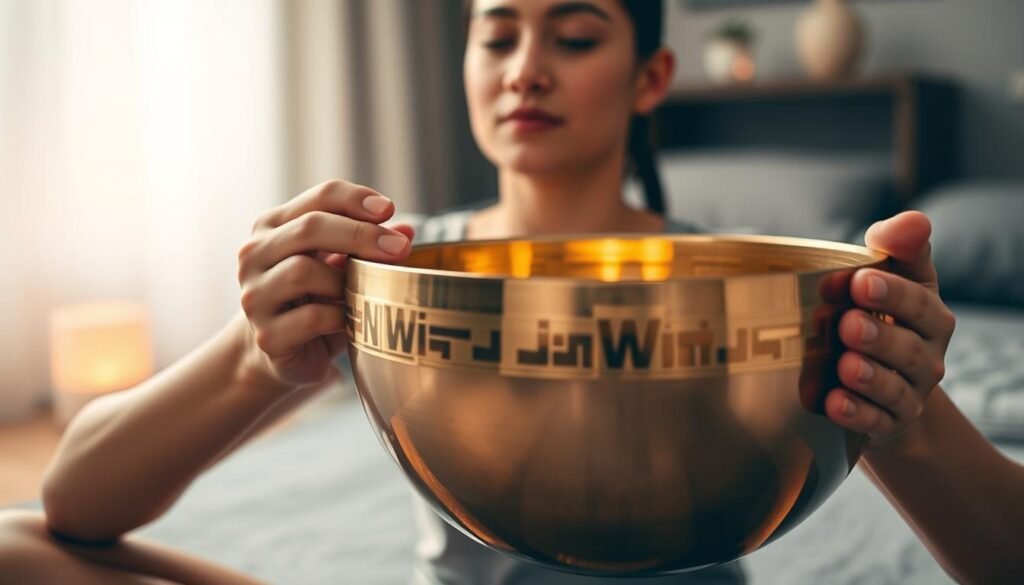 A serene meditation session with a gleaming singing bowl, its metallic surface reflecting the warm glow of soft ambient lighting. In the foreground, a pair of slender hands reverently hold the bowl, fingers delicately tracing its rim to elicit a soothing, resonant tone. The meditator's face is calm and tranquil, eyes gently closed as they focus inward. The background is a peaceful, minimalist setting, perhaps a tranquil bedroom or meditation space, with muted colors and simple furnishings that create a sense of zen-like harmony. The overall atmosphere is one of deep relaxation, mindfulness, and the therapeutic power of the singing bowl's meditative vibrations.