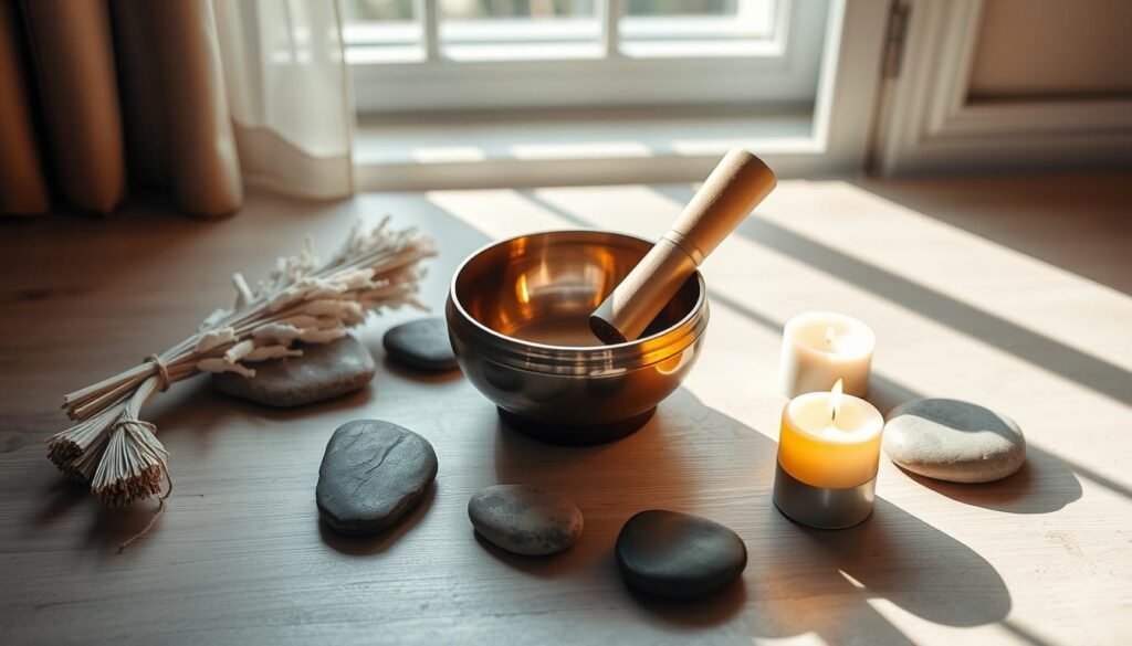A serene meditation setup with a gleaming bronze singing bowl at the center, surrounded by smooth river stones, a bundle of white sage, and a lit candle casting a warm, flickering glow. Soft natural light filters in through a window, casting long shadows and creating a tranquil, contemplative atmosphere. The composition is balanced and minimalist, inviting the viewer to focus on the meditative elements. The camera angle is slightly elevated, providing a calming, bird's-eye view of the scene.