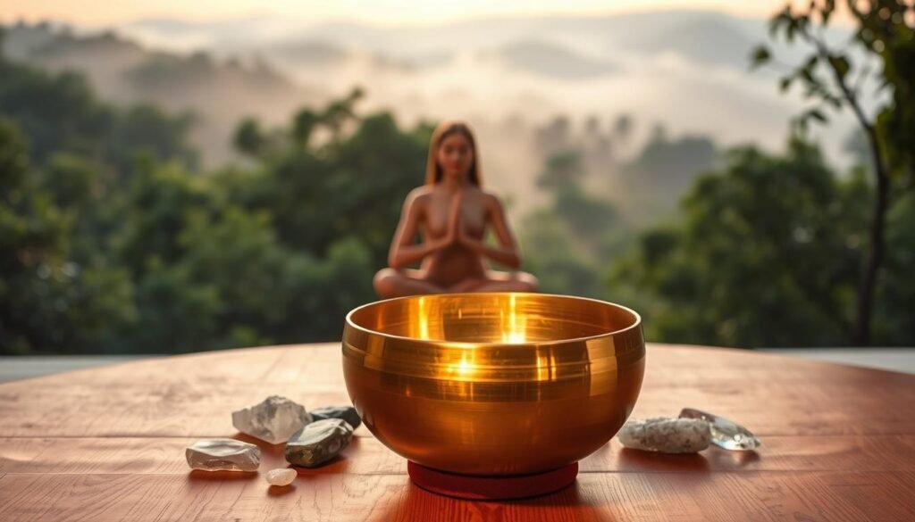 A serene meditation space, bathed in soft, warm lighting. In the foreground, a polished bronze singing bowl sits on a wooden table, its surface gently vibrating as it emits a soothing, resonant tone. Surrounding the bowl, delicate crystals and healing stones create a calming, crystalline arrangement. In the middle ground, a peaceful figure sits cross-legged, eyes closed, hands cupped around the bowl, deeply immersed in the healing vibrations. The background is a tranquil, mist-filled landscape, with lush, verdant foliage and a distant, hazy horizon, evoking a sense of tranquility and connection with nature.