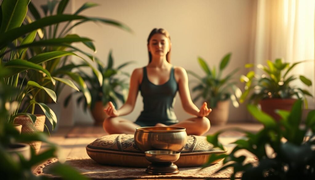 A serene meditation space bathed in warm, diffused light. In the foreground, a person sits cross-legged on a plush, ornate meditation cushion, their eyes closed in deep contemplation. The middle ground features a small singing bowl, its metallic surface gleaming, emitting a calming vibration. Lush, verdant plants surround the scene, creating a tranquil, nature-inspired atmosphere. The background is softly blurred, hinting at a soothing, minimalist interior design. The overall mood is one of profound stillness, inner focus, and spiritual growth.