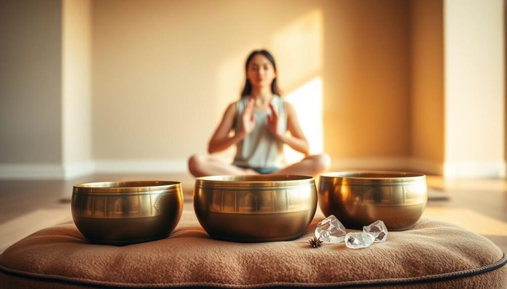 A serene meditation space, bathed in warm, gentle lighting. In the foreground, three Tibetan singing bowls rest on a plush, earth-toned cushion, their metallic surfaces catching the soft glow. Surrounding the bowls, delicate quartz crystals and a scattering of fragrant dried herbs. In the middle ground, a person sits cross-legged, palms upturned, eyes closed, as they attune to the resonant hum of the bowls. The background features a minimalist, calming environment - perhaps a neutral-toned wall or a view of a tranquil natural setting, conveying a sense of grounding and inner harmony. The overall mood is one of deep relaxation, focus, and the balancing of the chakras through the meditative power of Tibetan singing bowls.