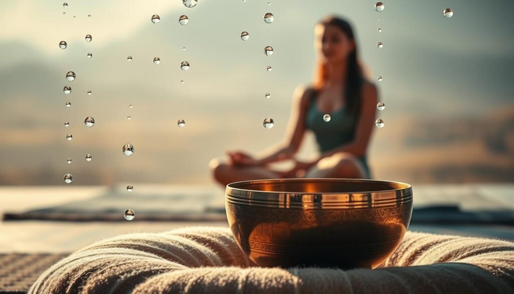 A serene meditation space, bathed in warm, soft lighting. In the foreground, a gleaming bronze singing bowl sits on a plush cushion, its intricate patterns reflecting the gentle glow. Surrounding the bowl, crystalline water droplets suspended in the air catch the light, creating a mesmerizing, ethereal atmosphere. In the middle ground, a person sits cross-legged, hands resting gently on their lap, eyes closed in deep contemplation. The background fades into a hazy, dreamlike landscape, blurring the boundaries between the physical and the spiritual. The scene exudes a sense of tranquility, inviting the viewer to pause, breathe, and immerse themselves in the healing power of sound.
