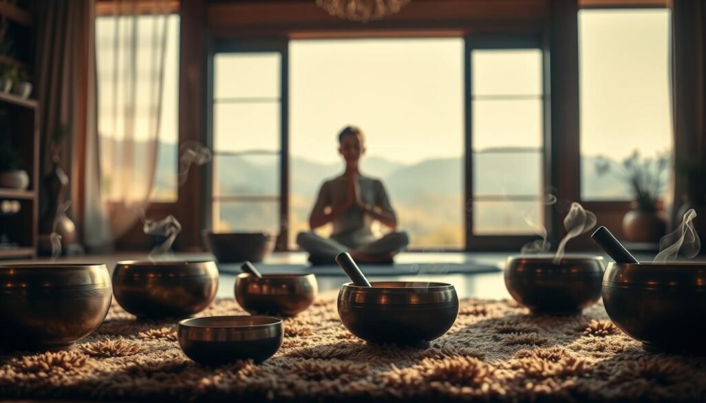 A serene meditation space bathed in warm, soft lighting. In the foreground, a group of ornate Tibetan singing bowls rests on a plush, earthy-toned rug. Wisps of fragrant incense drift in the air, creating a calming atmosphere. In the middle ground, a person sits cross-legged, hands resting peacefully on their lap, eyes closed in deep contemplation. The background reveals a calming landscape of mountains or rolling hills, hinted at through large windows or an open doorway, conveying a sense of connection to nature. The overall scene exudes a tranquil, therapeutic ambiance, perfectly suited for a sound healing meditation session.
