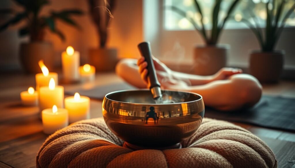 A serene meditation space bathed in warm, soft lighting. In the foreground, a polished bronze singing bowl sits on a plush, earth-toned cushion, its surface reflecting the flickering candles surrounding it. Wisps of fragrant incense drift through the air, creating an atmosphere of tranquility and focus. In the middle ground, the hands of a person in a cross-legged seated position gently strike the bowl, coaxing out its soothing, resonant tones that seem to reverberate and expand, filling the space. The background depicts a minimalist, calming environment with neutral-toned walls and natural elements like plants, encouraging inward contemplation and intuitive awareness.