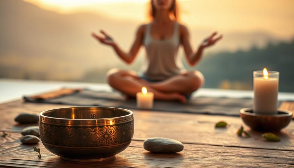 A serene meditation space, bathed in warm, soft lighting. In the foreground, a polished singing bowl rests on a wooden surface, its intricate patterns casting delicate shadows. Surrounding it, smooth river stones, a few scattered sage leaves, and a single lit candle, their flames flickering gently. In the middle ground, a person sits cross-legged, palms open, eyes closed, fully immersed in the soothing vibrations of the bowl's resonant hum. The background fades into a tranquil, out-of-focus landscape, hinting at a secluded, peaceful sanctuary away from the demands of daily life.