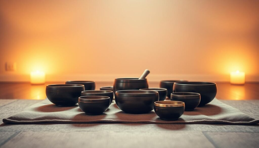A serene meditation space filled with an arrangement of handcrafted singing bowls of various sizes and materials, resting on a soft, earth-toned meditation cushion. Warm, diffused lighting from overhead casts a calming glow, creating an atmosphere of introspection and inner peace. The bowls are positioned in a harmonious pattern, inviting the viewer to sit and become immersed in the soothing reverberations. The scene is captured from a slightly elevated angle, emphasizing the tranquil, contemplative nature of the practice. Muted, natural tones and a minimalist aesthetic contribute to the meditative ambiance.