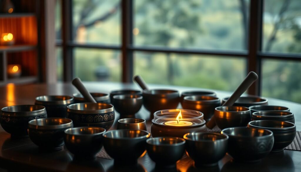 A serene meditation space filled with an assortment of singing bowls in varying sizes and materials, gently illuminated by warm, diffused lighting. The bowls are arranged in a harmonious circular pattern on a wooden table, their surfaces reflecting the soft light. In the background, a blurred, calming natural landscape, perhaps a lush forest or a tranquil lake, sets the stage for a deeply immersive spiritual experience. The overall atmosphere evokes a sense of inner peace, inviting the viewer to engage with the bowls and their resonant tones for personal growth and introspection.