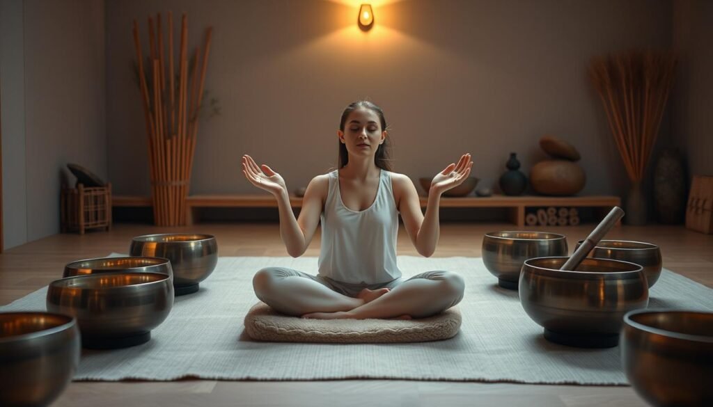 A serene meditation space filled with the calming presence of singing bowls. A person sits cross-legged on a plush cushion, palms open in a mudra, eyes gently closed as they become one with the resonant tones. Soft, warm lighting from a single sconce casts a gentle glow, creating an atmosphere of tranquility. The background features a minimalist, zen-inspired space with natural materials like bamboo, stone, and wood. The overall scene evokes a sense of grounding, focus, and mindfulness - the perfect setting to prepare for a sound healing session.