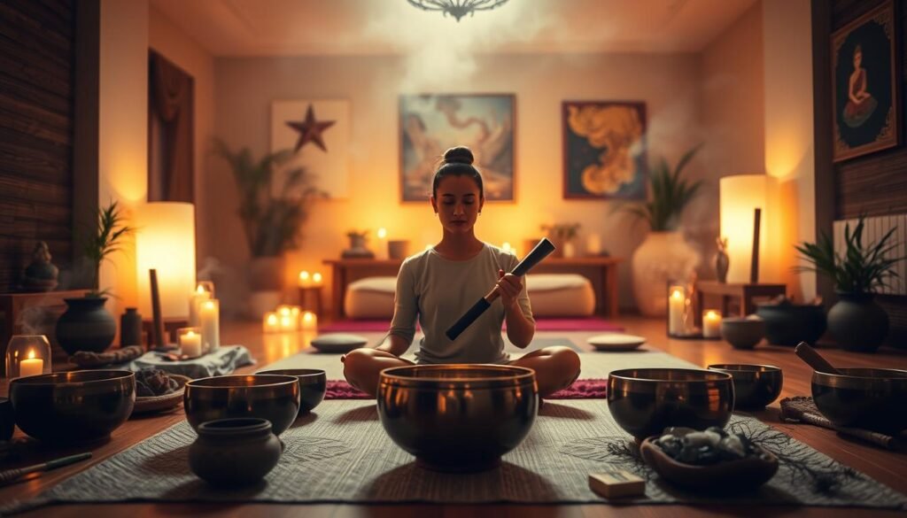 A serene meditation space filled with warm, soft lighting. In the foreground, a person sits cross-legged, holding a singing bowl with a mallet in hand, deep in contemplation. Surrounding them, an arrangement of additional singing bowls, incense, and natural elements like crystals, candles, and foliage. In the middle ground, the room's walls are adorned with rich, earthy textures and calming artwork. The background fades into a dreamy, atmospheric haze, creating a sense of tranquility and focus. The overall mood is one of introspection, balance, and a deep connection to the present moment.