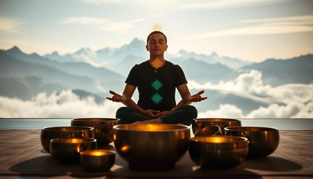 A serene meditation space, illuminated by the soft glow of Tibetan singing bowls. In the foreground, a person sits cross-legged, hands resting gently on their knees, eyes closed in deep contemplation. Chakra symbols dance across their aura, reflecting the vibrant energy centers being activated. The middle ground features an array of singing bowls in various sizes, their metallic surfaces gleaming under warm, diffused lighting. In the background, a tranquil Himalayan landscape unfolds, snowcapped peaks and swirling mist creating a sense of timeless, spiritual connection. The overall atmosphere is one of profound inner focus, the mind stilled, the senses attuned to the resonant tones of the bowls.