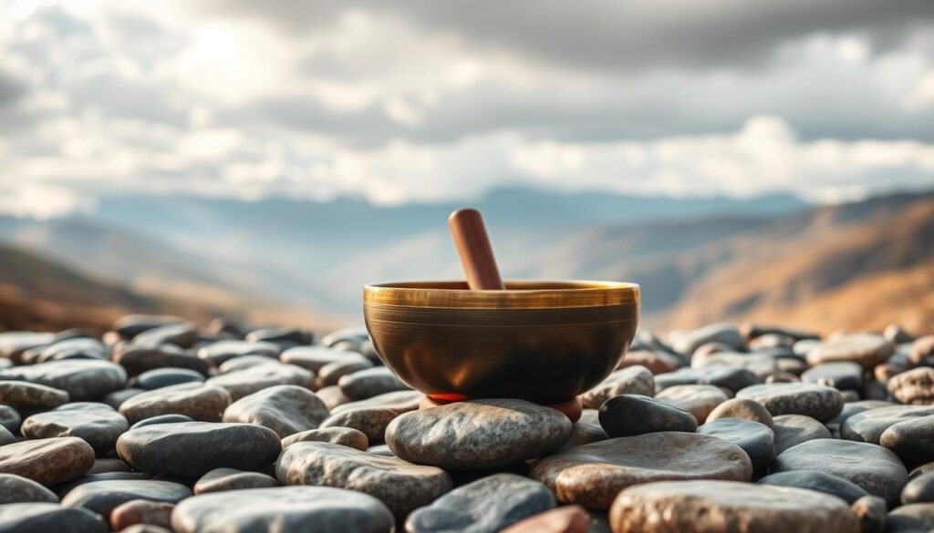 A serene meditation space with a central Tibetan singing bowl, its warm bronze hue glowing softly under a diffused natural light. Surrounding the bowl are an array of smooth river stones, their varied shapes and textures creating a soothing visual texture. In the background, a minimalist landscape with rolling hills and a distant cloudy sky, evocative of the Himalayan region. The overall atmosphere is one of tranquility and introspection, inviting the viewer to engage in a moment of mindfulness through the resonant tones of the singing bowl.