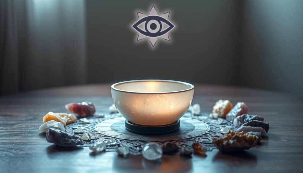 A serene meditation space with a crystal singing bowl centered on a dark wooden table, emitting a soft, ethereal glow. The bowl is surrounded by a collection of crystals and minerals, including amethyst, quartz, and citrine, arranged in a mandala-like pattern. Soft, diffused lighting from above casts a warm, calming ambiance, while the third eye chakra symbol floats subtly in the background, representing the intended purpose of the scene. The overall atmosphere evokes a sense of tranquility, focus, and spiritual connection.