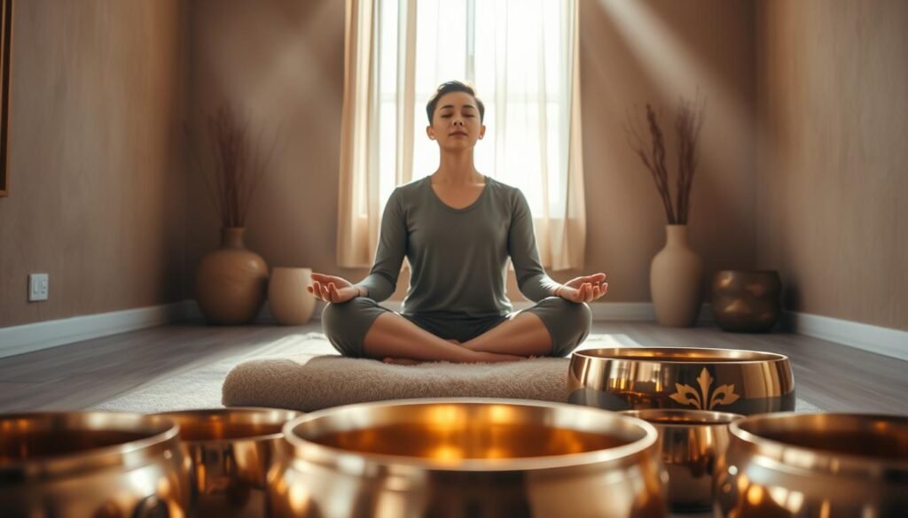 A serene meditation space with a person sitting cross-legged on a plush cushion, eyes closed in deep focus. In the foreground, a collection of polished brass singing bowls, their surfaces reflecting the warm, ambient lighting. Soft, diffused beams of light filter through a gauzy window, creating a tranquil atmosphere. The background features muted earth-toned walls, accented with minimalist decor elements that evoke a sense of tranquility and spiritual connection. The overall scene conveys a profound experience of mindfulness and inner harmony, enhanced by the resonant tones of the singing bowls.