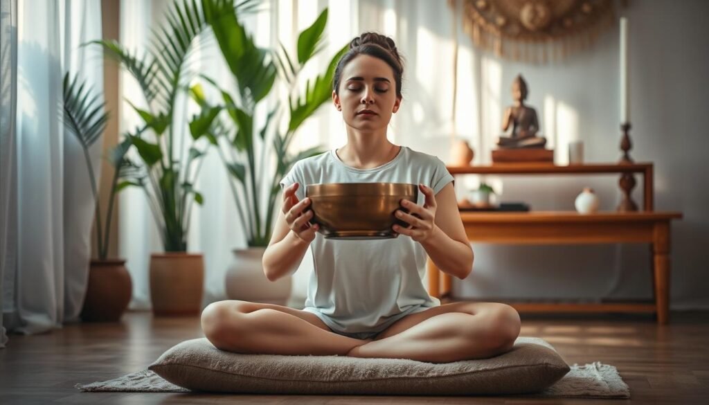 A serene meditation space with a person sitting cross-legged on a plush cushion, holding a bronze singing bowl in their palms. Soft, natural lighting filters through sheer curtains, casting a warm glow. The background features lush, verdant plants and a wooden altar with spiritual accoutrements. The person's eyes are closed, their expression tranquil, as they focus on integrating their breath with the resonant hum of the singing bowl, enhancing their intuitive awareness. The scene evokes a calming, reflective atmosphere conducive to mindful, introspective practices.