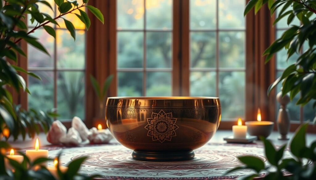 A serene meditation space with a vibrant singing bowl at the center, surrounded by glowing crystals, burning incense, and a tranquil garden landscape. Soft, natural lighting filters through large windows, creating a warm, inviting atmosphere. The bowl's elegant curves and metallic sheen reflect the light, drawing the viewer's focus. Intricate mandala patterns are etched into the bowl, symbolic of the chakras aligning. Lush, verdant foliage frames the scene, evoking a sense of grounding and connection to nature. The overall composition conveys a calming, restorative ambiance, perfectly suited for a meditation practice focused on chakra alignment.