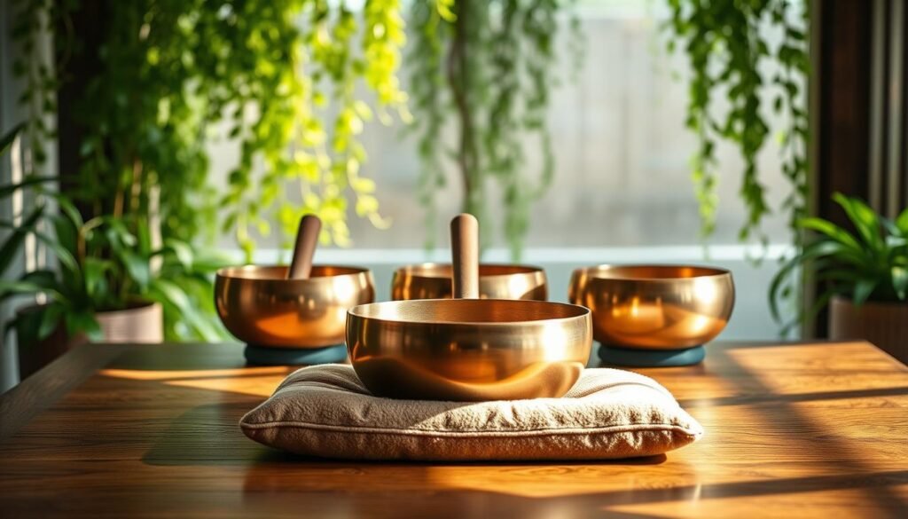 A serene meditation space with a wooden table holding a set of gleaming singing bowls, their bronze surfaces reflecting soft natural light. In the background, a lush, verdant indoor garden with cascading plants creates a tranquil, spa-like atmosphere. The bowls are arranged in a symmetrical pattern, inviting the viewer to sit cross-legged on a plush, earthy-toned meditation cushion and lose themselves in the soothing vibrations. Gentle highlights and shadows accentuate the organic textures, evoking a sense of balance and harmony. A calming, muted color palette, with hues of green, brown, and gold, enhances the restorative, zen-like ambiance.