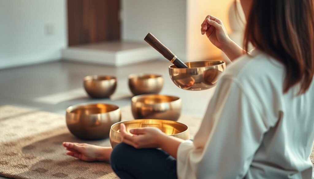 A serene, meditative scene of sound healing techniques using singing bowls. In the foreground, a person sits cross-legged, holding a bronze singing bowl and gently striking it with a mallet, creating soothing, resonant tones. Soft, warm lighting bathes the scene, with subtle highlights on the bowl's surface. In the middle ground, several other singing bowls of various sizes are arranged, each emitting a unique frequency. The background depicts a minimalist, zen-inspired space, with clean lines, natural textures, and calming colors that evoke a sense of tranquility and stress relief.