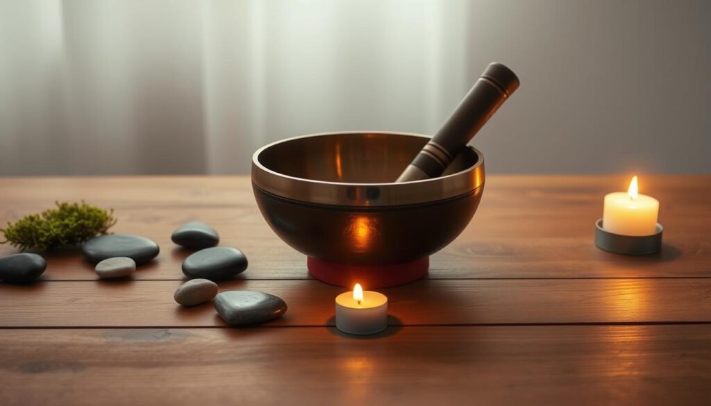 A serene, minimalist scene of a root chakra singing bowl resting on a wooden table, illuminated by soft, warm lighting. The bowl's deep, resonant tones emanate a calming energy, creating an atmosphere of introspection and healing. Surrounding the bowl, natural elements like river stones, moss, and a single lit candle enhance the grounding and nurturing ambiance. The camera captures the scene from a slightly elevated angle, emphasizing the simplicity and tranquility of the moment. The overall composition evokes a sense of balance, wellness, and the potential for personal growth.