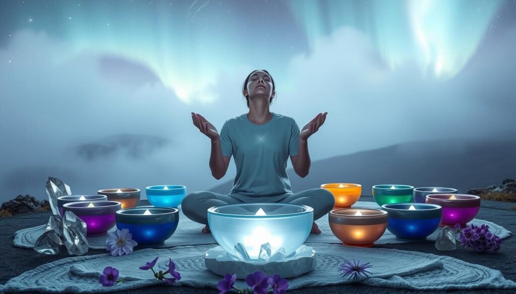 A serene ritual scene of third eye chakra activation with crystal singing bowls. In the foreground, a person sits cross-legged, palms facing upwards, eyes closed in deep meditation as crystalline tones resonate. Surrounding them, a semicircle of quartz crystal singing bowls in various hues emit a soft, ethereal glow, their vibrations palpable. In the middle ground, crystalline formations and violet-hued flowers accent the tranquil setting. The background features a misty, dreamlike landscape, with a starry night sky or softly glowing aurora borealis overhead, creating an atmosphere of transcendent, mystical energy.