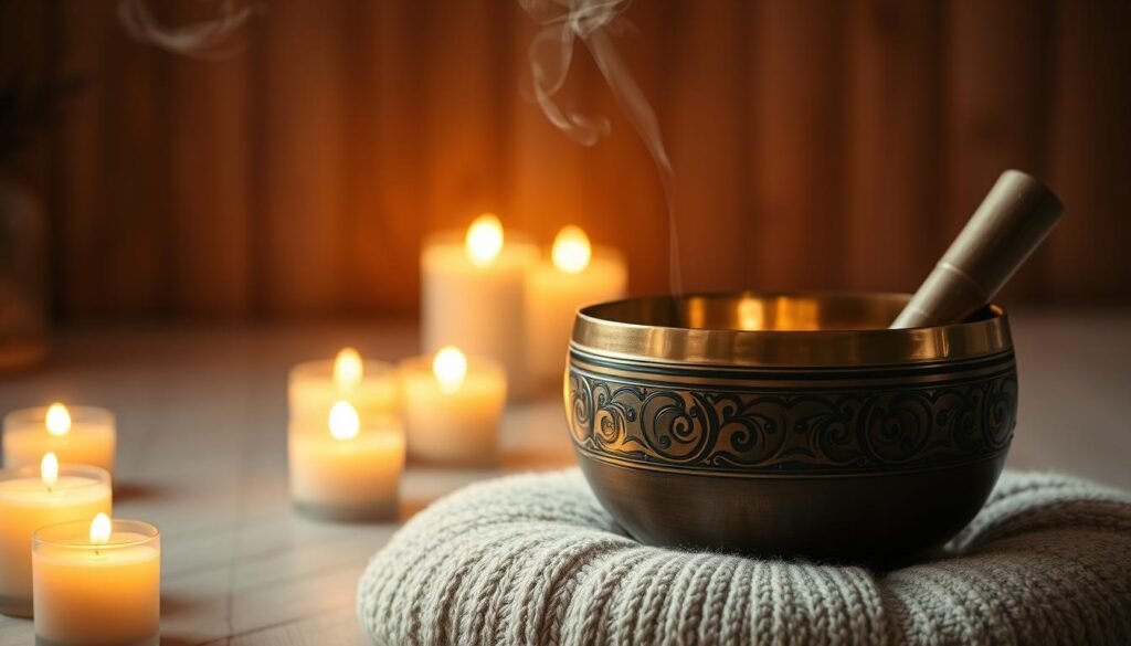 A serene sanctuary filled with the gentle glow of candlelight, a wooden singing bowl resting on a plush cushion. Soft, warm lighting casts a meditative ambiance, accentuating the intricate carved patterns. Wisps of fragrant incense drift through the air, creating an atmosphere of tranquility and focus. The bowl's metallic surface reflects the flickering flames, inviting the viewer to take a deep breath and engage in a restorative intuition-enhancing practice. Neutral tones and natural textures create a minimalist, calming aesthetic, encouraging mindfulness and inner exploration.