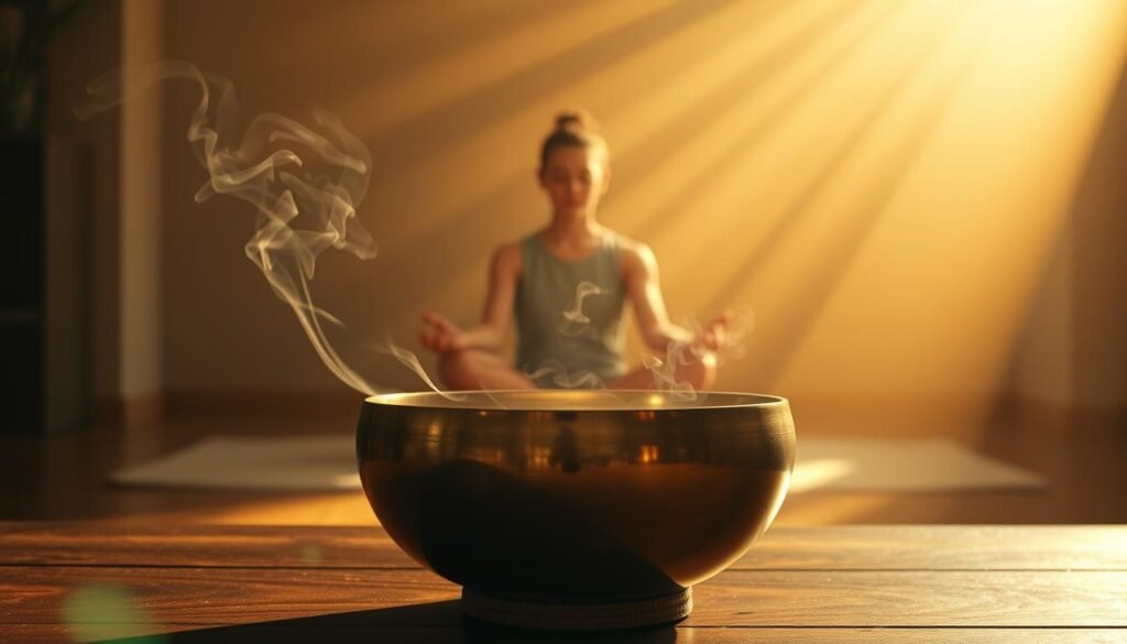 A serene sanctuary flooded with warm, golden light. In the foreground, a polished bronze singing bowl sits atop a wooden table, its smooth curves reflecting the ambient glow. Wisps of fragrant incense dance around the bowl, creating a hazy, meditative atmosphere. In the middle ground, a person sits cross-legged, eyes closed, hands gently resting on their lap as they become immersed in the soothing reverberations of the bowl's gentle hum. The background features a calming, minimalist space with muted tones, allowing the focus to remain on the ritual of singing bowl healing.
