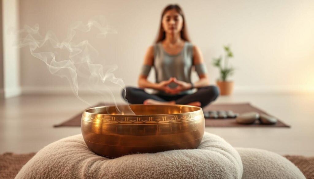 A serene scene of a singing bowl meditation. In the foreground, a hand-crafted bronze singing bowl rests on a soft, plush cushion, its surface reflecting the warm, ambient lighting. Wisps of fragrant incense drift through the air, creating a soothing, calming atmosphere. In the middle ground, a person sits cross-legged, their eyes closed in deep concentration, their palms gently resting on their knees. The background is a tranquil, minimalist space, with natural elements like smooth river stones and a single potted plant, evoking a sense of tranquility and inner peace. The lighting is soft and diffused, casting a gentle glow over the scene, inviting the viewer to step into a moment of mindful relaxation and restoration.