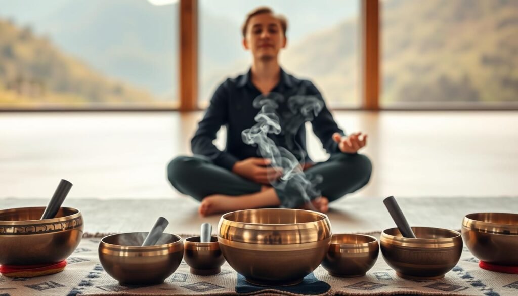 A serene scene of chakra cleansing with Tibetan singing bowls. In the foreground, a person sits cross-legged, hands resting on their lap, eyes closed in meditation. Beside them, an array of Tibetan singing bowls in various sizes and metals, their rims being gently struck to produce a soothing, resonant hum. The middle ground features a soft, diffused light illuminating a tranquil space, with incense smoke drifting through the air. In the background, a natural landscape unfolds, perhaps a mountainous vista or a lush forest, conveying a sense of harmony and connection with the natural world. The overall mood is one of deep relaxation, mindfulness, and spiritual restoration.
