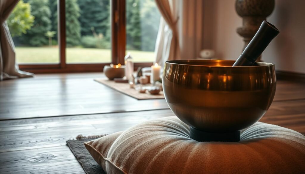 A serene singing bowl session unfolding in a tranquil meditation room. The foreground features a polished bronze singing bowl placed on a plush meditation cushion, its gentle vibrations emanating a soothing hum. The middle ground showcases an array of crystals, incense, and a minimalist altar, all bathed in the warm glow of a single candle. The background reveals a softly lit space with wooden floors, draped fabric, and a large window overlooking a lush, verdant garden, conveying a sense of peaceful contemplation. Soft, natural lighting filters through the space, creating a calming, ethereal ambiance.