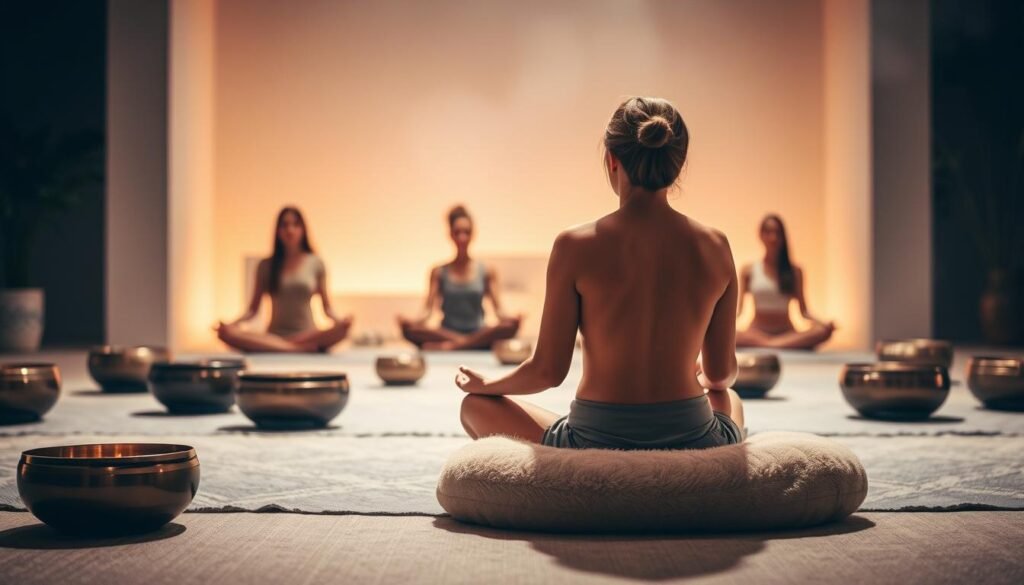 A serene sound bath therapy session in a dimly lit, tranquil space. In the foreground, a person seated cross-legged on a plush meditation cushion, their eyes closed as they bask in the resonant tones of Tibetan singing bowls placed around them. Soft, diffused lighting casts a warm, calming glow, creating an atmosphere of deep relaxation. In the middle ground, several other participants are similarly entranced, their bodies in a state of meditative stillness. The background depicts a minimalist, calming environment, perhaps with natural elements like plants or a water feature, further enhancing the restorative ambiance. The overall scene conveys a sense of profound tranquility, inviting the viewer to experience the restorative power of sound bath healing.