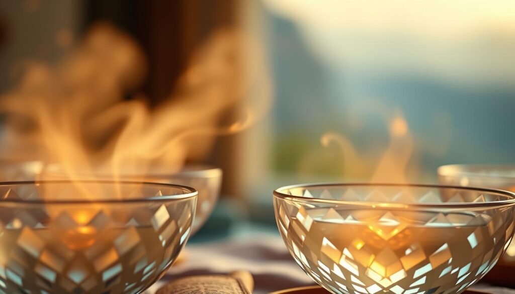 A serene soundscape filled with the ethereal glow of crystal singing bowls, their vibrations pulsing through the air, emanating a powerful healing energy. The foreground showcases the bowls in exquisite detail, their faceted surfaces reflecting the soft, warm lighting. In the middle ground, wisps of energy swirl and dance, visualizing the transformative power of sound. The background fades into a blurred, meditative landscape, evoking a sense of tranquility and inner calm. The overall scene radiates a soothing, therapeutic atmosphere, inviting the viewer to deeply connect with the restorative qualities of this ancient practice.