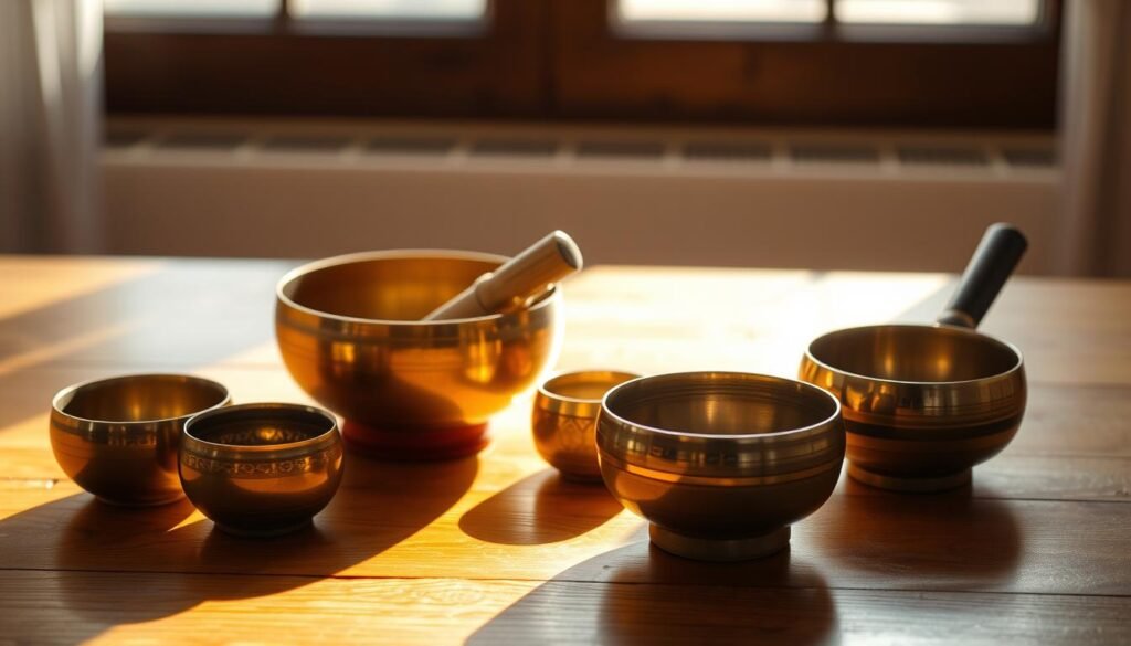 A serene still life scene of several antique Tibetan singing bowls arranged on a wooden table, casting warm golden reflections. Soft, diffused natural lighting filters through a window, creating a calming, meditative atmosphere. The bowls are in various sizes and stages of use, some with mallet resting inside, others emitting gentle, resonant tones. The table surface is uncluttered, allowing the bowls to be the focal point, inviting the viewer to pause and experience their soothing, stress-relieving properties. The overall composition emphasizes simplicity, balance, and the power of these ancient sound healing tools to promote mindfulness and relaxation.