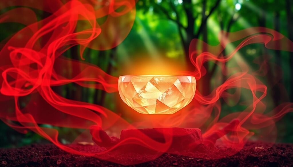 A serene, vibrant scene of root chakra cleansing. In the foreground, a glowing, faceted crystal quartz singing bowl levitates, its warm, resonant tones pulsing with healing energy. Surrounding it, swirling mists of deep crimson and earthy tones - the colors of the root chakra - undulate and flow, creating a mesmerizing, meditative atmosphere. In the background, a verdant, lush forest backdrop provides a grounding, natural setting, with shafts of soft, diffused light filtering through the canopy. The overall composition evokes a sense of grounding, stability, and a deep reconnection to the rhythms of the earth.