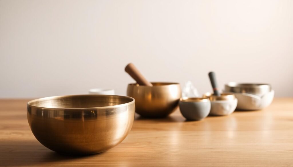 A serene, well-lit scene showcasing an assortment of singing bowls on a wooden table. In the foreground, a polished bronze bowl sits prominently, its surface reflecting the soft, diffused lighting. In the middle ground, several other singing bowls in various sizes and materials, such as crystal, stone, and brass, are neatly arranged, each with its own unique character and tone. The background features a minimalist, neutral-toned backdrop, allowing the singing bowls to take center stage. The overall atmosphere evokes a sense of tranquility and mindfulness, inviting the viewer to consider the unique qualities and suitability of each singing bowl for their personal meditation and relaxation practice.