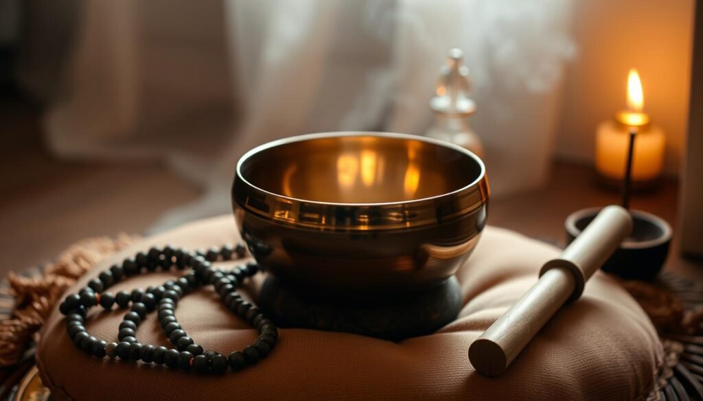 A tranquil Tibetan singing bowl rests on a plush, earth-toned cushion, surrounded by delicate prayer beads and incense sticks gently smoldering, casting a warm, flickering glow. Soft, diffused lighting from an unseen source bathes the scene in a serene, meditative ambiance. The bowl's gleaming bronze surface reflects the dance of the flame, hinting at the resonant tones soon to be coaxed forth by the gentle strike of a wooden mallet. This calming, immersive tableau invites the viewer to experience the restorative power of Tibetan singing bowl therapy, transporting them to a space of mindful relaxation and inner harmony.