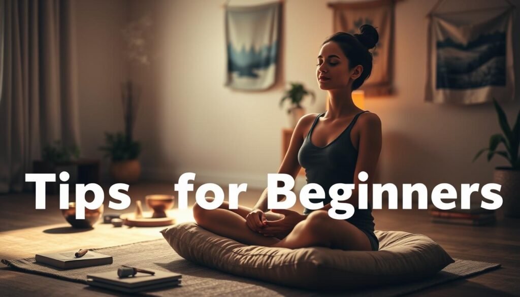 A tranquil, dimly lit room with soft, warm lighting casting a soothing glow. In the foreground, a person sitting cross-legged on a plush meditation cushion, their eyes closed in a state of deep focus, hands resting gently on their lap. Surrounding them, an assortment of holistic stress management tools, such as a singing bowl, incense, and a small stack of calming books. In the background, a simple, minimalist decor with natural elements like potted plants and a wall hanging featuring a serene landscape. The overall atmosphere exudes a sense of inner peace and relaxation, perfectly capturing the "Tips for Beginners" section of the article.