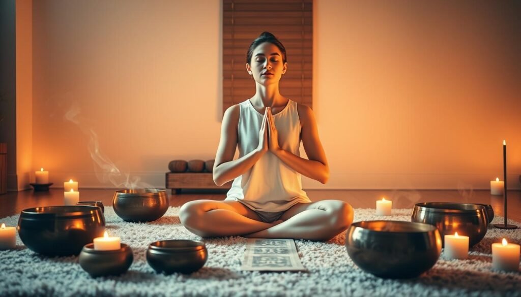 A tranquil meditation space with a person sitting in a lotus position on a plush carpet, surrounded by singing bowls, lit candles, and floating mantra scripts. Soft, warm lighting casts a serene glow, creating an atmosphere of deep focus and inner exploration. The subject's hands are positioned in a mudra, eyes gently closed, as they journey through the chakras, attuned to the reverberating tones of the singing bowls. Wisps of incense drift through the air, heightening the sensory experience. The scene evokes a sense of stillness, harmony, and the profound connection between mind, body, and spirit.