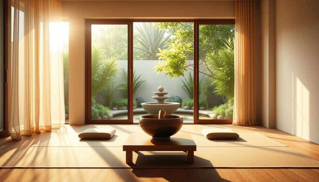 A tranquil, minimalist room bathed in warm, natural lighting. A wooden singing bowl sits on a simple, low table, surrounded by meditation cushions. Large windows overlook a serene garden, with lush greenery and a calming water feature. Soft, diffused light filters through sheer curtains, creating a peaceful ambiance. The space exudes an atmosphere of quiet contemplation, inviting the practitioner to focus inward and find their center. Smooth, earthy tones and natural textures predominate, conveying a sense of grounding and harmony. This is a sanctuary for mindful practice, where the mind can find respite from the stresses of the outside world.