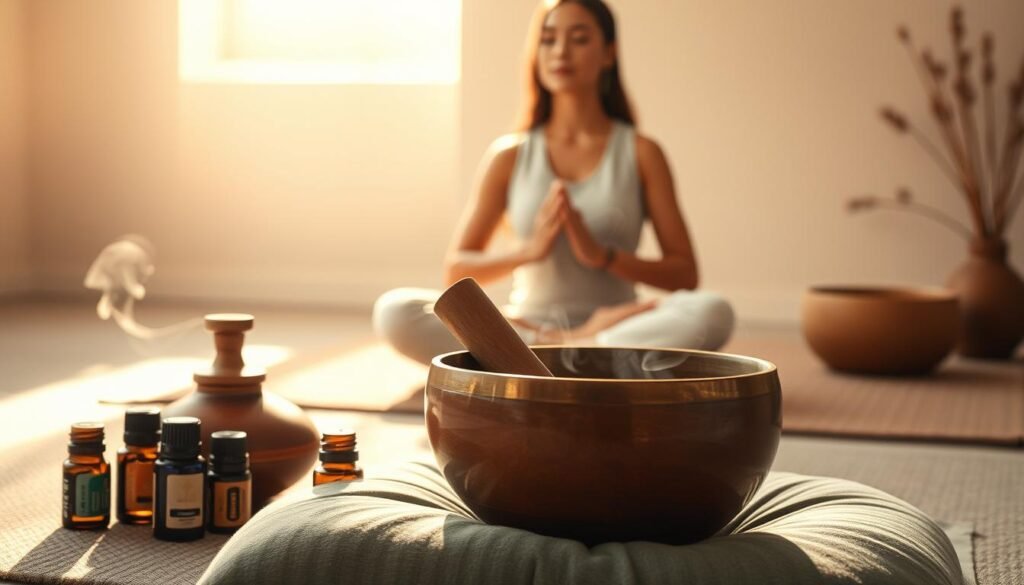 A tranquil scene of a Tibetan singing bowl healing session, bathed in the warm glow of soft, natural lighting. In the foreground, a hand-carved wooden bowl rests on a plush, sage-colored cushion, surrounded by an assortment of essential oil bottles in earthy tones. Wisps of fragrant steam rise from a small clay diffuser, infusing the air with calming aromas. In the middle ground, a person sits cross-legged, palms gently resting on their knees, their eyes closed in a state of deep meditation as they experience the soothing vibrations of the singing bowl. The background features a serene, minimalist space with neutral-toned walls, subtle textural elements, and a sense of peaceful ambiance.