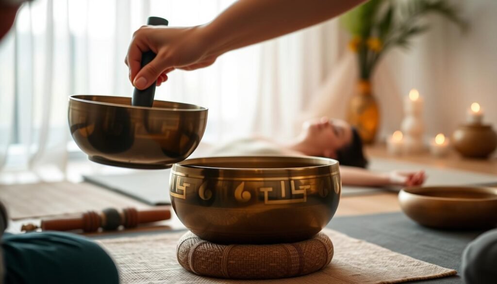 A tranquil scene of a Tibetan singing bowl therapy session. In the foreground, a skilled practitioner's hands delicately striking the bronze bowl, its soothing reverberations filling the air. In the middle ground, a person lies on a cushioned mat, eyes closed, immersed in the calming vibrations. The background depicts a serene meditation space, with soft lighting filtering through sheer curtains, and calming incense adding to the atmosphere. The overall mood is one of deep relaxation, inviting the viewer to experience the restorative power of this ancient therapeutic practice.
