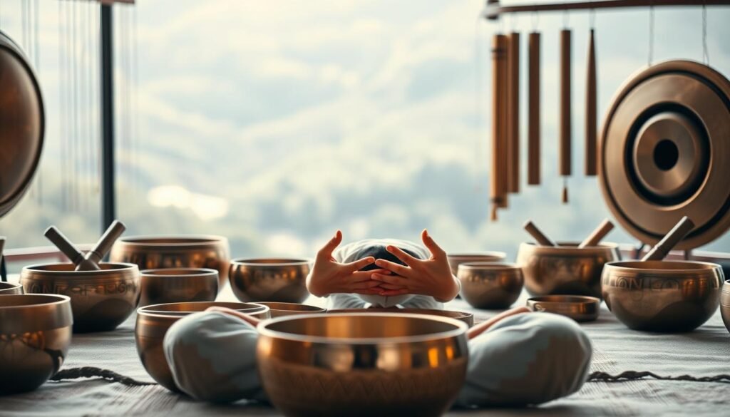 A tranquil scene of a person deeply immersed in sound therapy, surrounded by an array of singing bowls, gongs, and chimes. The foreground depicts the meditator in a serene pose, their palms resting gently on their lap as they bask in the resonant vibrations. The middle ground showcases the carefully arranged sound healing instruments, each emitting a soothing, harmonious tone. The background is a softly blurred, natural landscape, evoking a sense of calm and connection with the elements. Soft, diffused lighting bathes the scene, creating a warm, meditative atmosphere. The overall composition conveys a profound sense of wellness and inner peace through the power of sound.