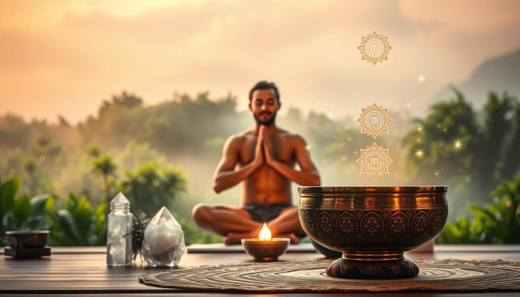 A tranquil scene of a serene meditation space, illuminated by soft, warm lighting. In the foreground, a person sits cross-legged, eyes closed, hands in a mudra, deeply immersed in a mantra chanting ritual. The middle ground features an ornate singing bowl, its metallic surface gleaming, emitting a soothing hum. Surrounding the meditator, crystalline structures and delicate, glowing chakra symbols float in the air, symbolizing the energetic cleansing and alignment taking place. The background is a hazy, dreamlike landscape of lush, verdant foliage and a calming, mist-shrouded sky, creating a sense of peaceful, otherworldly atmosphere.