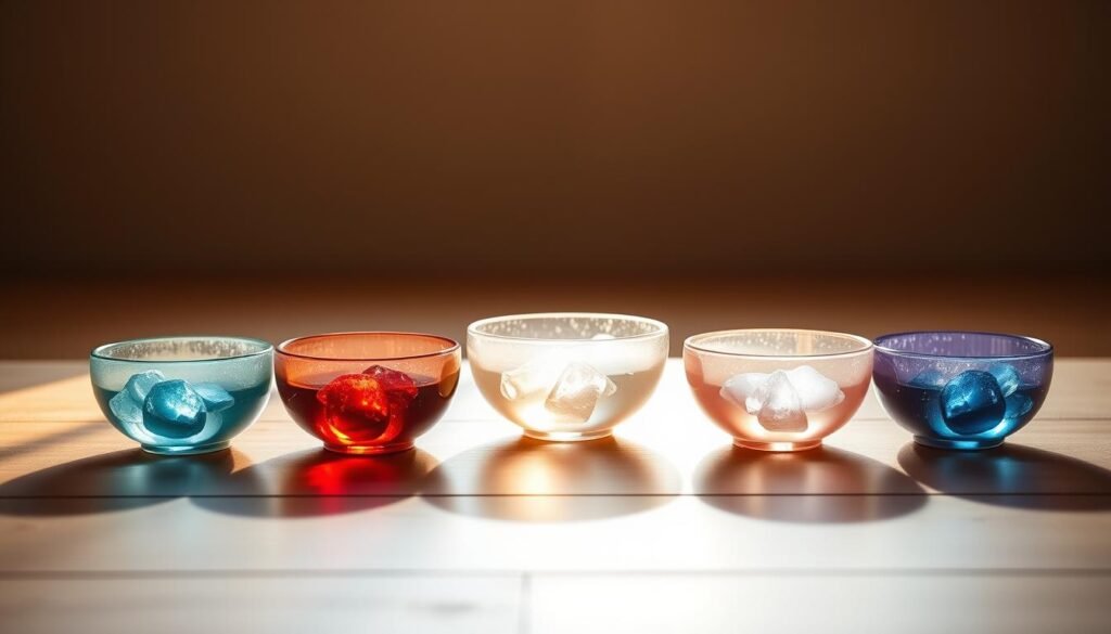 A tranquil scene of a set of precision-crafted crystal singing bowls arranged on a serene, minimalist wooden surface. The bowls, each reflecting a distinct hue representing the chakras, are illuminated by warm, diffused lighting that casts gentle shadows, creating an atmosphere of calming resonance. The bowls are positioned in a harmonious, symmetrical layout, inviting the viewer to imagine the soothing vibrations and healing energies they emanate. The background is blurred, allowing the crystal bowls to be the focal point, showcasing their intricate details and natural beauty, perfect for guiding the viewer in selecting the ideal crystal bowl for third eye chakra activation.