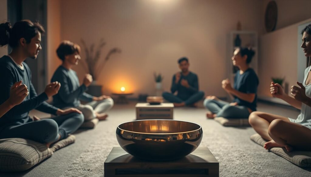 A tranquil scene of a small group gathered in a cozy, dimly lit room, engaging in mindfulness practices with singing bowls. The foreground features several people sitting cross-legged on plush cushions, their hands delicately striking the bronze bowls, producing a soothing, resonant hum. Diffused, warm lighting bathes the scene, casting a soft, meditative glow. In the middle ground, a central singing bowl sits atop a low, wooden table, its surface rippling with vibrations. The background depicts a serene, minimalist setting, with neutral-toned walls and a few simple, natural elements like potted plants, adding to the calming ambiance. The overall atmosphere is one of deep focus, introspection, and a sense of community connection through the shared experience of the singing bowls.